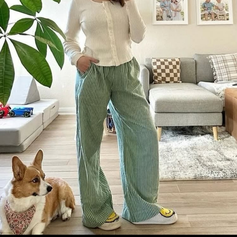 Green w blue stripe wide leg linen pants - Picture 2 of 7